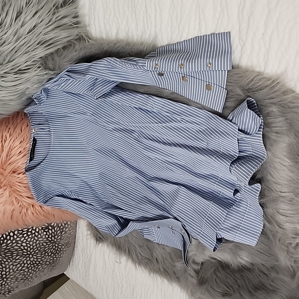 Zara, blue and white pinstripe, tuxedo cuff sleeves